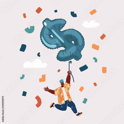 Vector illustration of Happy man black man fly holding dollar sign inflates balloon in a shape. Finance concept.