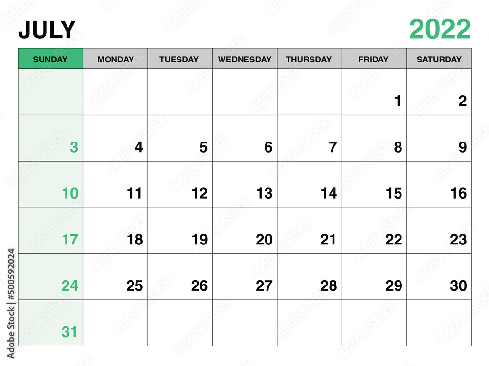 July 2022 year planner template, calendar 2022 template, monthly and yearly planners. organizer diary. week start Sunday, corporate planner template, Desk calendar 2022, green background, vector July 2022 year planner template, calendar 2022 template, monthly and yearly planners. organizer diary. week start Sunday, corporate planner template, Desk calendar 2022, green background, vector