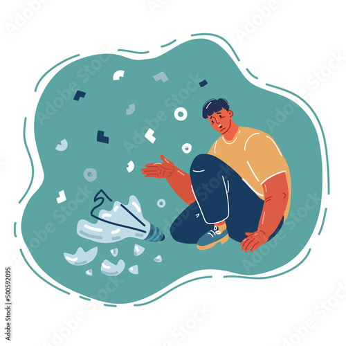 Vector illustration of Uninspired because business failure, burnout or exhausted from crisis, no new idea or inspiration concept, depressed business man sadly standing with fail old broken light idea.