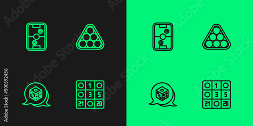 Set line Bingo card, Game dice, Air hockey table and Billiard balls triangle icon. Vector