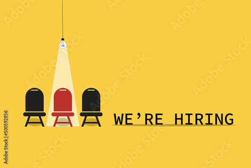 Hiring and recruitment poster or banner vector concept in minimalist style with CHAIR . Symbol of vacancies, job offers, career development, job advertisement. Eps10 vector illustration.
