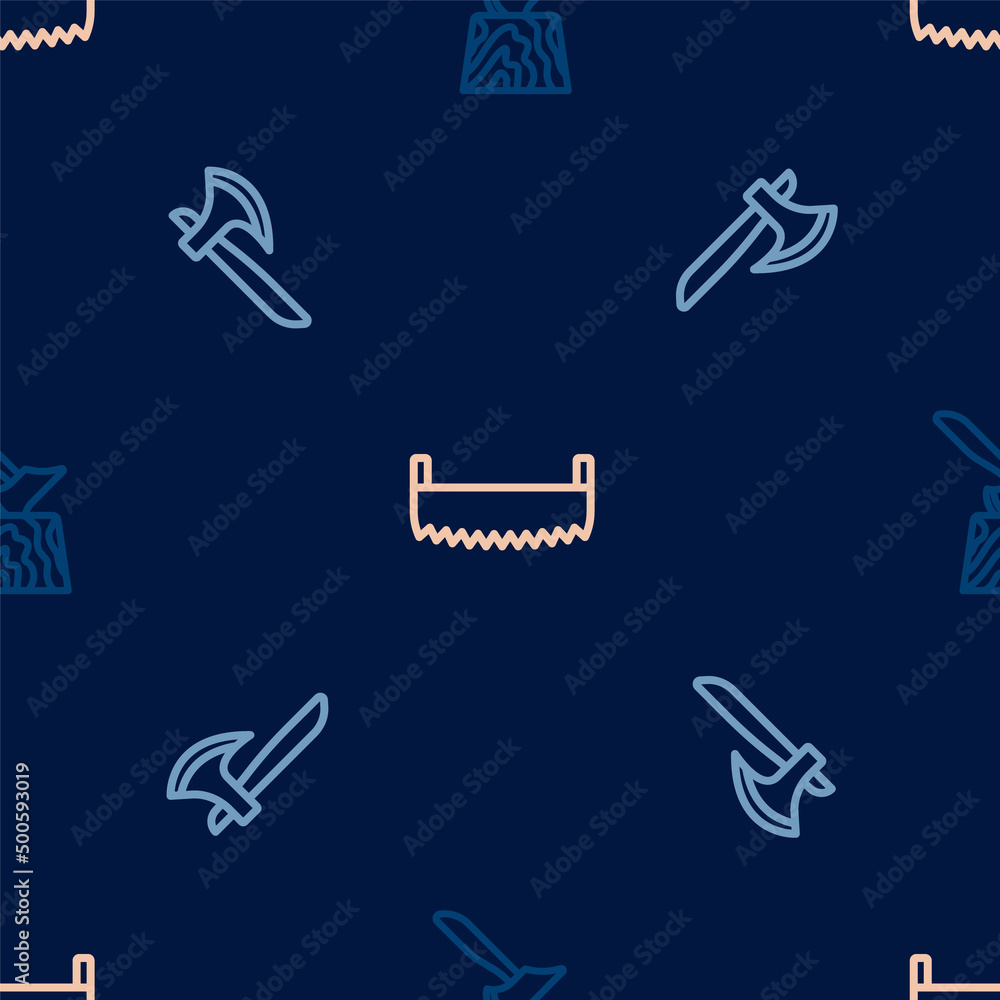 Set line Wooden axe in stump, and Two-handed saw on seamless pattern. Vector Set line Wooden axe in stump, and Two-handed saw on seamless pattern. Vector