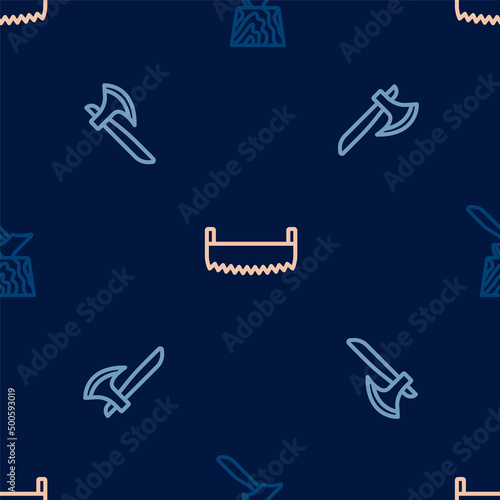 Set line Wooden axe in stump, and Two-handed saw on seamless pattern. Vector