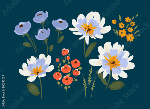 Set of floral design elements. Leaves, flowers, grass, branches. Vector