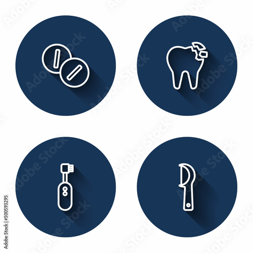 Set line Toothache painkiller tablet, Broken tooth, Electric toothbrush and Dental floss with long shadow. Blue circle button. Vector