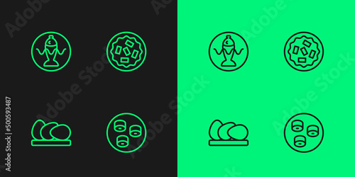 Set line Sushi, Chicken egg, Served fish on a plate and Homemade pie icon. Vector