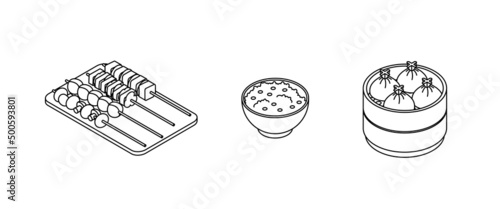 Food set - vegetables, meat, vegan, fish, meal, dish. Isometric vector illustration in flat design. Outline, linear style, line art. Meal preparation.
