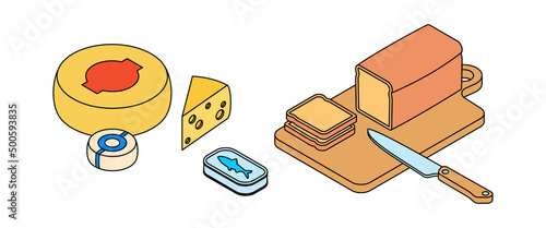 Food set - fish, meal, dish, dairy, cheese, bread. Isometric vector illustration in flat design. Outline, linear style, line art. Meal preparation.
