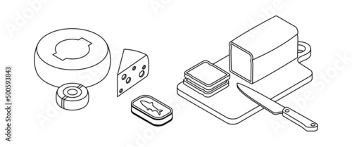 Food set - fish, meal, dish, dairy, cheese, bread. Isometric vector illustration in flat design. Outline, linear style, line art. Meal preparation.