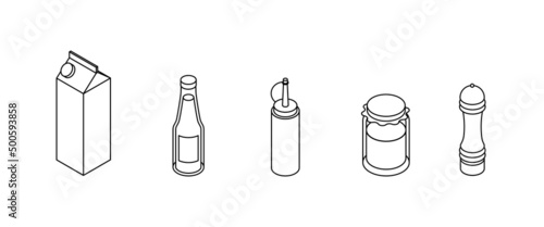 Food set - package; juice; jam; sauce; pepper. Isometric vector illustration in flat design. Outline, linear style, line art. Meal preparation.