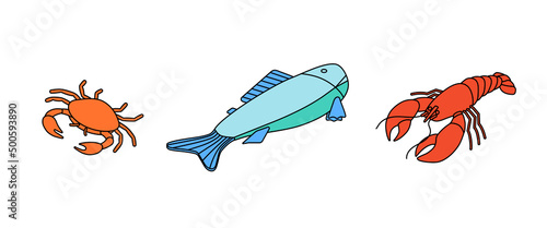 Food set - fish, seafood, salmon, tuna, cod, lobster. Isometric vector illustration in flat design. Outline, linear style, line art. Meal preparation.