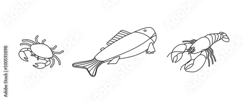 Food set - fish, seafood, salmon, tuna, cod, lobster. Isometric vector illustration in flat design. Outline, linear style, line art. Meal preparation.