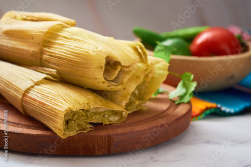 Typical Mexican chicken tamales. Mexican Food Concept.