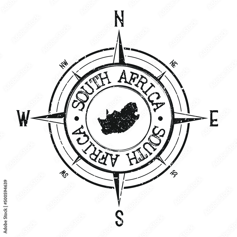 Obraz premium South Africa Stamp Map Compass Adventure. Illustration Travel Country Symbol. Seal Expedition Wind Rose Icon.