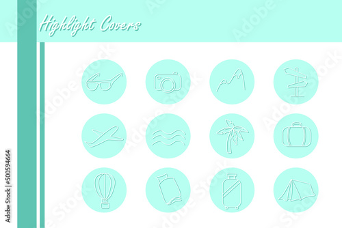 Set of vector icons for highlight covers for travel blog on green background 