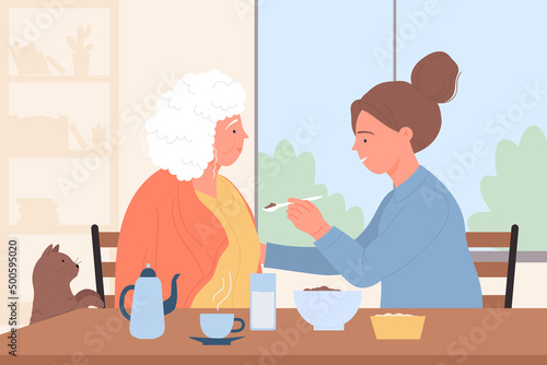Care and help for elder people from volunteers. Young caregiver feeding senior woman with dysphagia, grandmother sitting at home table flat vector illustration. Disability, gerontology concept photo