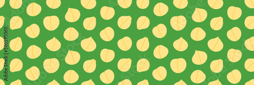 Wide horizontal vector seamless pattern background with chickpeas, chick pea seeds for healthy and vegan food design.