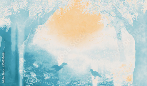 Foto 光差す神秘的な森に鳥二羽・和紙テクスチャの背景イラストソフトブルー系