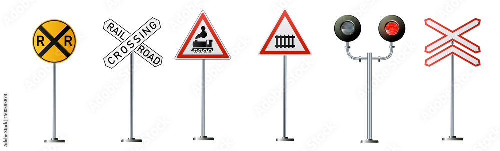 Railway signs set isolated on a white background. Vector railroad traffic light