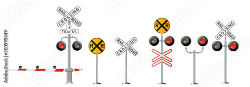 Road signs and railroad crossing barriers are used in the United States.traffic light, Railway barriers close isolated on white background, design concept for start up, business solutions,