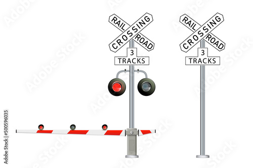 Road signs and railroad crossing barriers are used in the United States.traffic light, Railway barriers close isolated on white background, design concept for start up, business solutions,