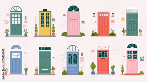 Retro vintage door for home apartment set vector illustration. Cartoon different pink, blue and green entrance with doorstep, lamp on brick wall, plants isolated on white. Architectural facade concept