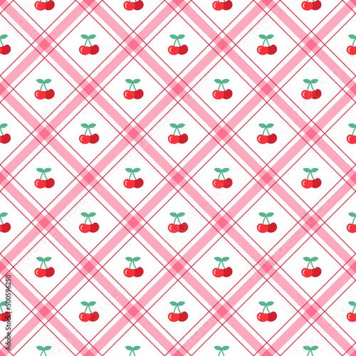 Cute Cherry leaf Fruit Element Red Green Diagonal Stripe Striped Line Tilt Checkered Plaid Tartan Buffalo Scott Gingham Pattern Cartoon Vector Seamless Pattern Print Background Fashion Fabric Picnic