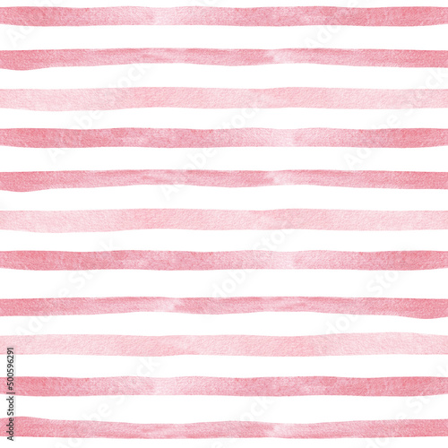 Watercolor seamless pattern with pink horizontal strips, brush. Hand drawing painting background, texture.