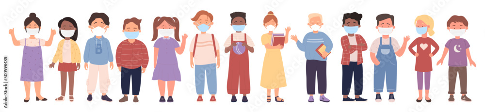 Diverse group of kids students wearing masks set vector illustration. Cartoon cute children pupils of elementary school standing in row, holding books isolated on white. Virus protection concept Diverse group of kids students wearing masks set vector illustration. Cartoon cute children pupils of elementary school standing in row, holding books isolated on white. Virus protection concept