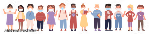 Diverse group of kids students wearing masks set vector illustration. Cartoon cute children pupils of elementary school standing in row, holding books isolated on white. Virus protection concept