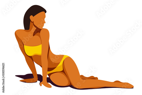 vector illustration on the theme of summer holidays. beautiful young tanned girl in a yellow bikini sunbathes on the beach. useful for advertising summer vacations, resorts, hotels, beaches, print