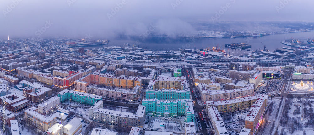 Panoramic drone view of the town on winter day. Murmansk, Russia.