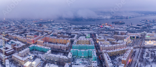 Panoramic drone view of the town on winter day. Murmansk, Russia. photo