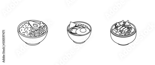 Food set - vegetables, meat, vegan, fish, meal, dish, power bowl, ramen. Isometric vector illustration in flat design. Outline, linear style, line art. Meal preparation. Icon.