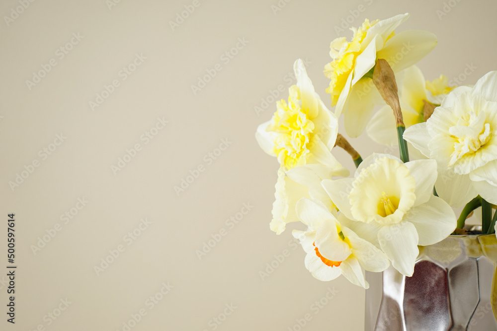 Daffodil flowers in a aluminum vase with space for text on yellow background. Close-up.