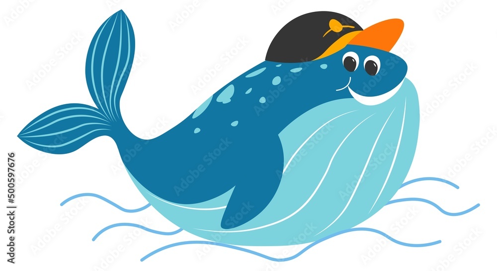 Funny whale character with hat accessory vector Funny whale character with hat accessory vector