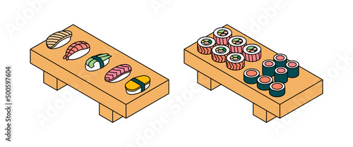 Sushi set - fish, seafood. Isometric vector illustration in flat design. Outline, linear style, line art. Icon.