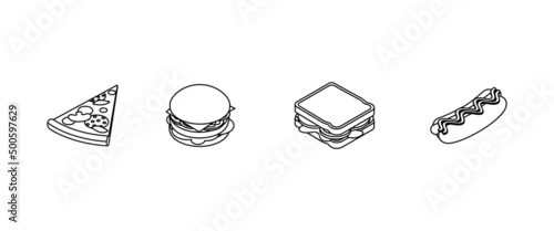 Food set - pizza, burger, sandwich, hot dog. Isometric vector illustration in flat design. Outline, linear style, line art. Meal preparation. Icon.