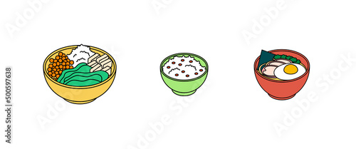 Food set - vegetables, meat, vegan, fish, meal, dish, power bowl, ramen. Isometric vector illustration in flat design. Outline, linear style, line art. Meal preparation. Icon.