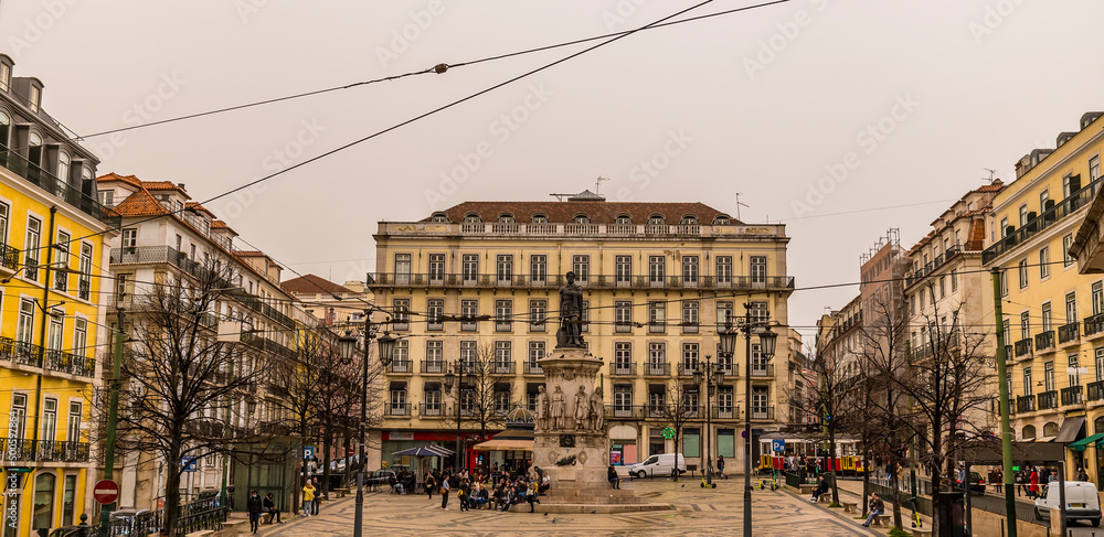 A view across the Carmo Square in the Bairro Alto distict in the city of Lisbon on a spring day