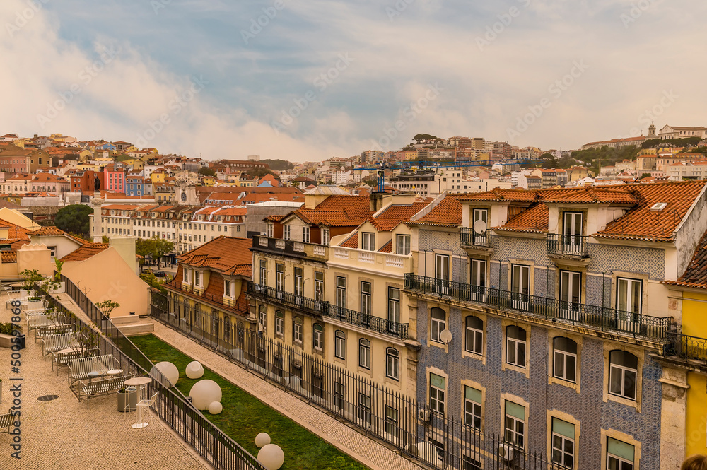 A view looking to the Central Square from the Bairro Alto distict in the city of Lisbon on a spring day