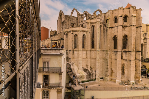 A view over the towards the Carmo Convent in the Bairro Alto distict in the city of Lisbon on a spring day