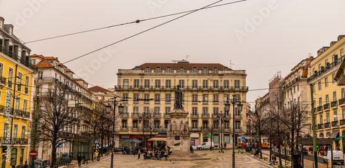A view across the Carmo Square in the Bairro Alto distict in the city of Lisbon on a spring day