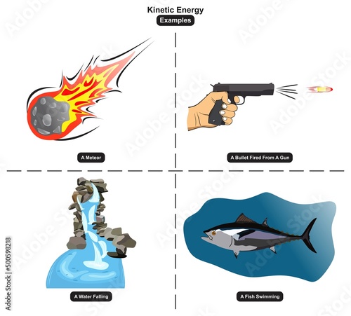 Kinetic Energy Examples infographic diagram including a meteor a bullet fired from a gun a water falling and a fish swimming for physics science and education vector