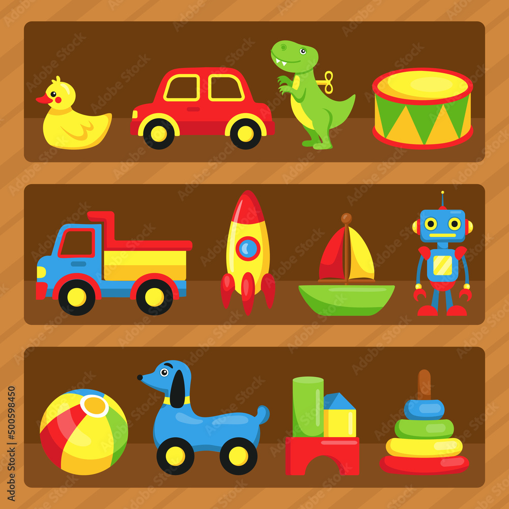 Kid toy shelf. Cartoon funny baby play shop. Vector flat graphic element of kids toys collection