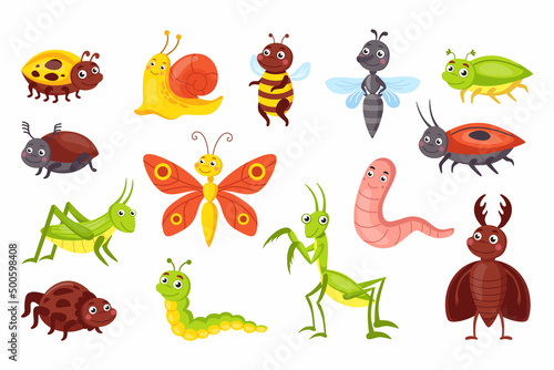 Funny insects. Cute little cartoon bugs set. Vector fun wildlife isolated sketch with ant and butterfly