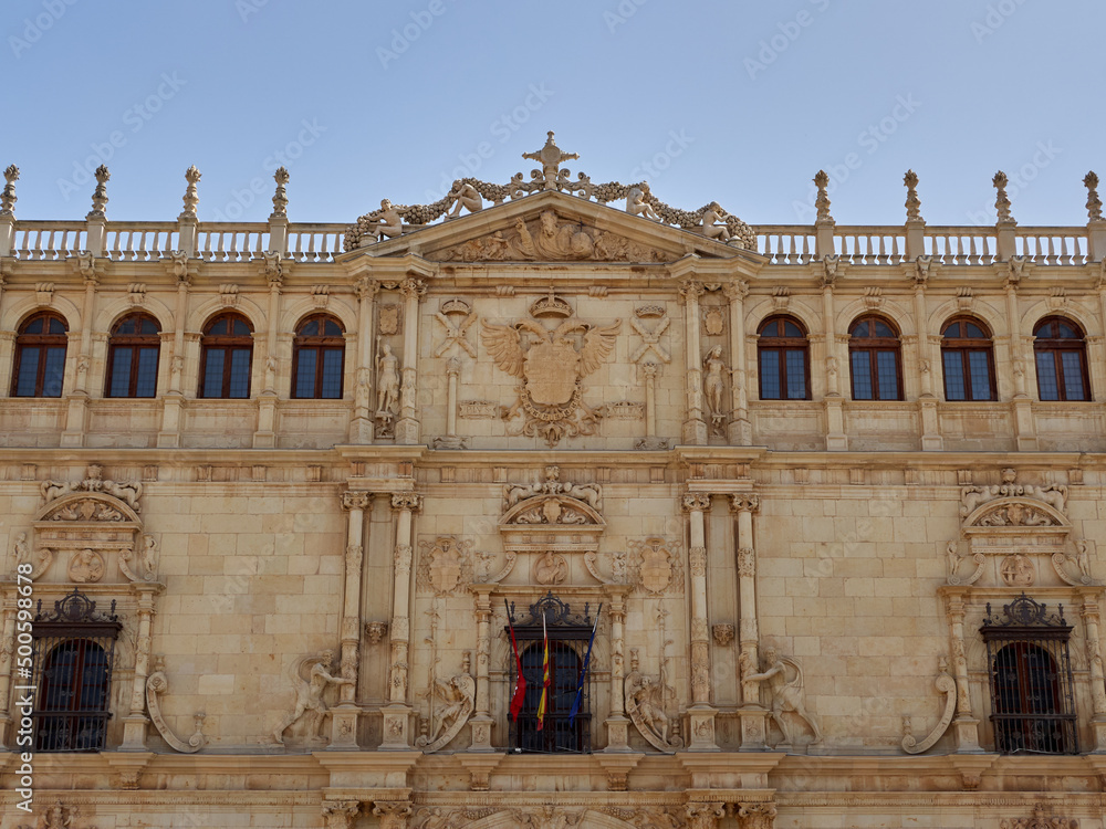 Plateresque facade of the University of Alcala de Henares. Alcalá de Henares is UNESCO World Heritage Site. Community of Madrid, Spain, Europe