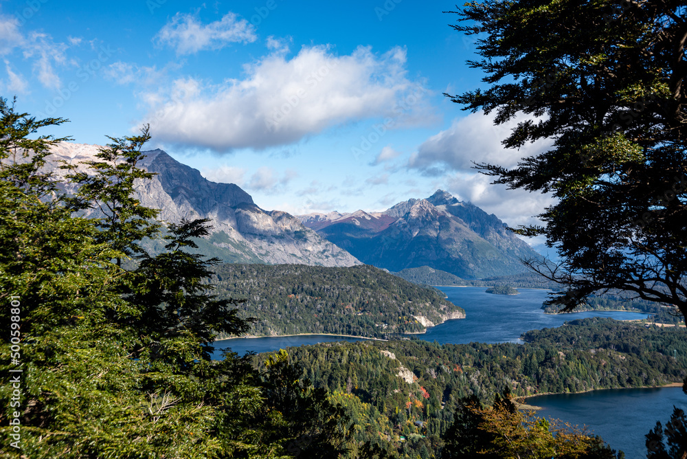 View of the Moreno and Nahuel Huapi lakes, Lopez(right) and Capilla (left) hills from the height of the Campanario hill, Bariloche, Rio Negro, Argentina