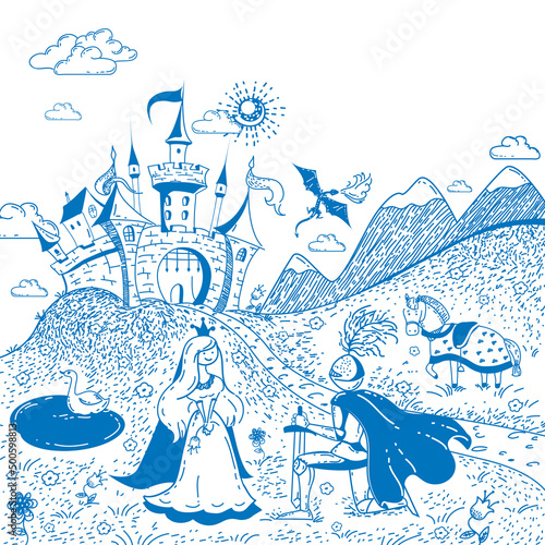 Cute and lovely hand-drawn doodle ink landscape with castle, princess and knight on the background of the notebook sheet in vector.