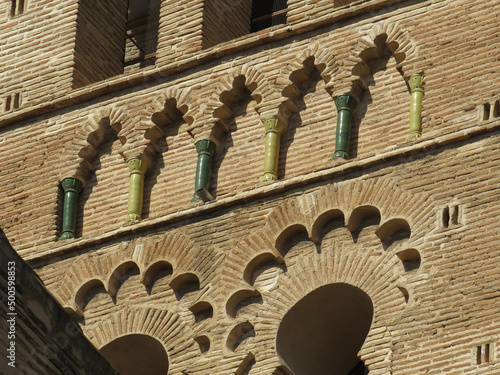 Church of Santo Tomé. Historic city of Toledo. Spain.
Detail of decoration with foiled arches and enamelled columns in the bell tower. Islamic Mudejar art of the 13 century.
UNESCO World Heritage. 